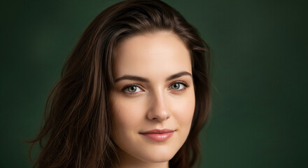 Naklejka premium Close-up portrait of a woman with brown wavy hair, fair skin, and green eyes against a dark green backdrop, representative of natural beauty and skincare