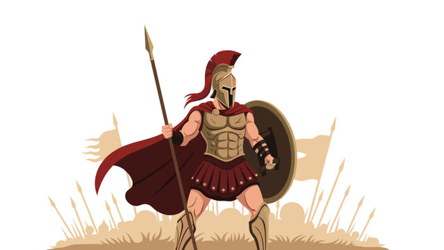 Brave spartan warrior holding a spear and shield stands in a powerful pose against a minimalist background.