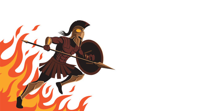 Ancient spartan soldier running bravely through intense orange flames with his spear and shield ready.
