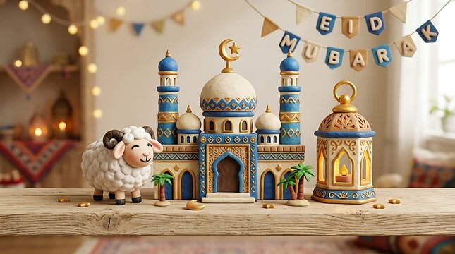 Decorative mosque and lamb display for holiday celebrations