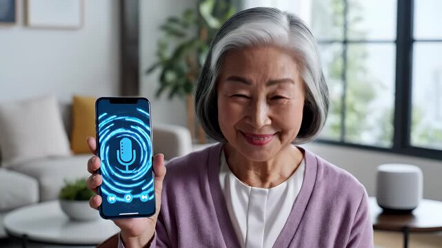 An elderly Asian woman is interacting with a voice assistant on her smartphone in a bright, modern living room, demonstrating the accessibility of technology for seniors.