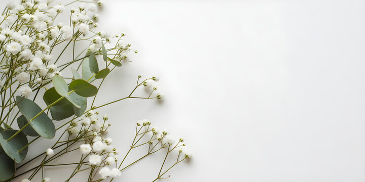 Delicate White Baby's Breath Flowers And Eucalyptus Leaves On A White Background gypsophila