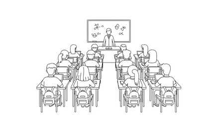 Obraz premium Teacher standing at desk in front of classroom with students sitting at desks line art vector illustration