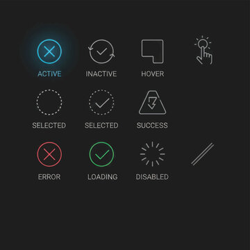Set of illuminated status icons on dark background showing active inactive hover selected success error loading and disabled states.