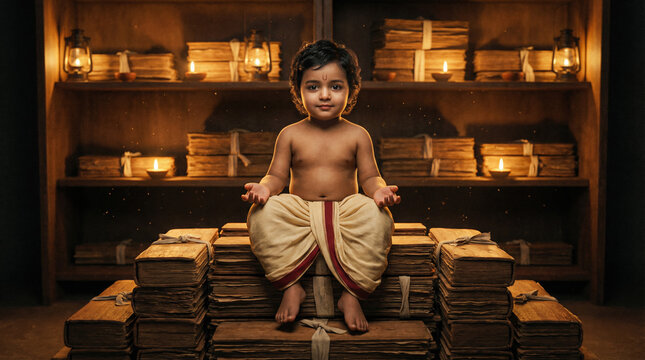 Young Brahmin Boy Meditating Amidst Ancient Books