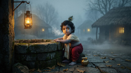 Fototapeta premium Baby Krishna sits by a well in a misty village at dusk