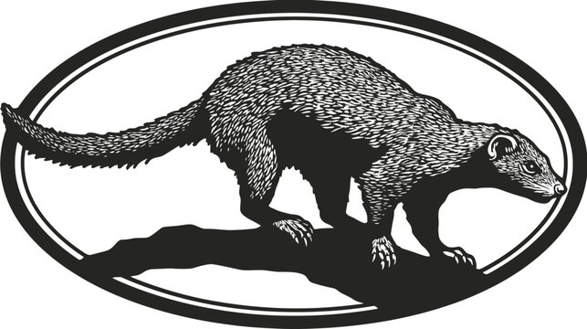 Engraving of a mongoose poised atop a branch within a double oval border
