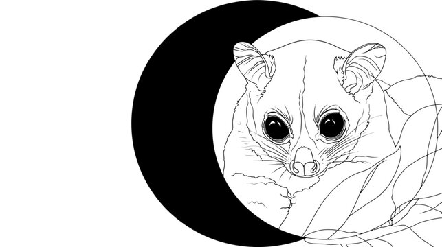 Illustration of a possum emerging from a crescent moon, resting among leaves