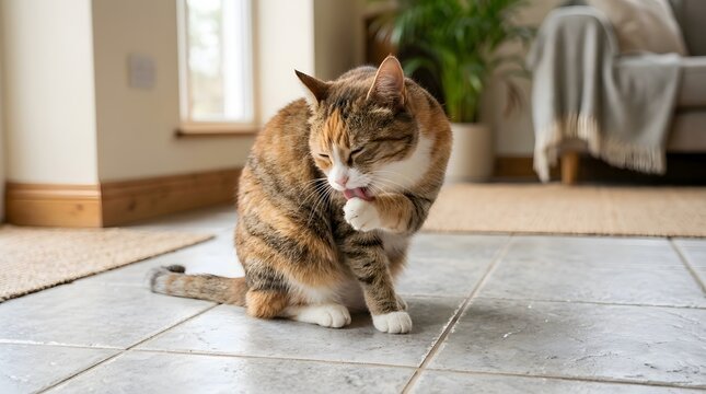 Cute Cat grooming itself by licking its paw, made by Ai