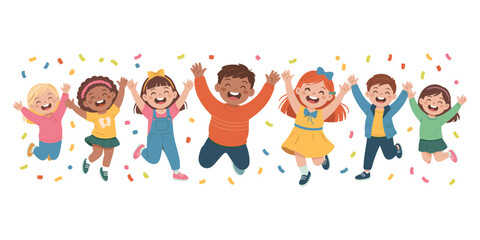 Fototapeta premium Diverse Group of Happy Children Jumping with Confetti Celebration vector illustration