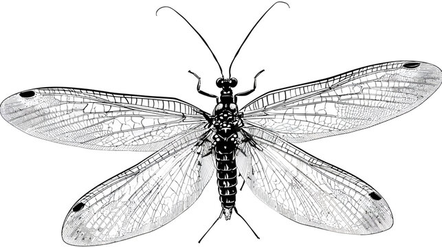 Intricate illustration of a dobsonfly insect with delicate, patterned wings