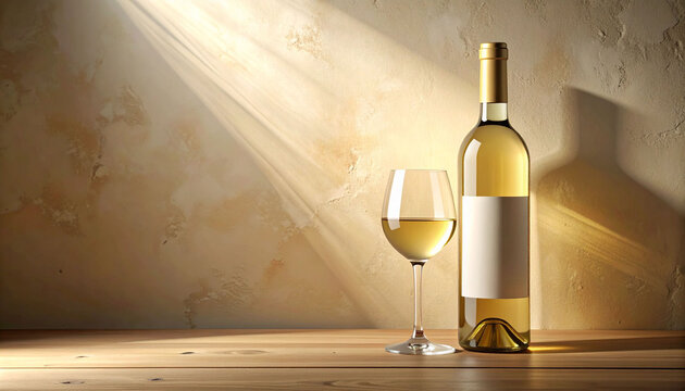 白ワインのボトルとグラスが木製テーブルに置かれた背景素材。上品で温かみのある光が差し込む漆喰壁のテクスチャと、デザインの自由度を高める大きなコピースペース。バナーやSNS、飲食店のメニュー作成に最適な高品質な飲み物のイメージ。