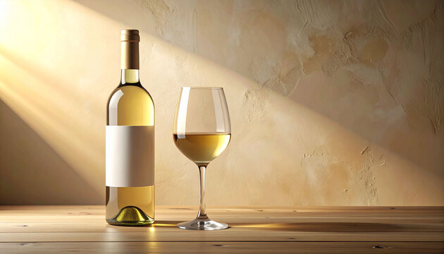 白ワインのボトルとグラスが木製テーブルに置かれた背景素材。上品で温かみのある光が差し込む漆喰壁のテクスチャと、デザインの自由度を高める大きなコピースペース。バナーやSNS、飲食店のメニュー作成に最適な高品質な飲み物のイメージ。
