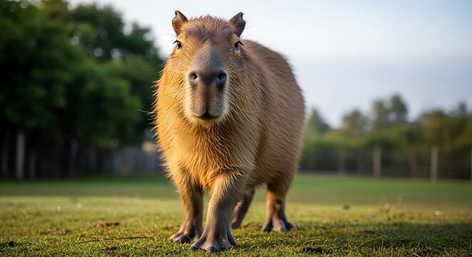 Capybara with wet fur sitting by water edge in natural wetland