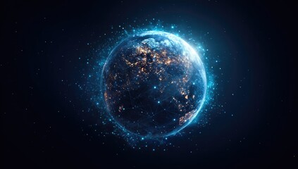 Fototapeta premium A digital rendering of planet Earth, partially illuminated, encircled by a network of glowing lines and particles against a dark blue