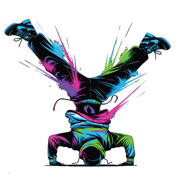 Neon breakdance headstand freeze with paint splatter, hip hop street art illustration on white