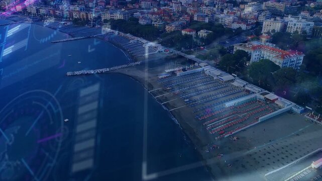 Camera starting pan and descending, HUD shifting, tracking curved bay revealing sunbeds and piers