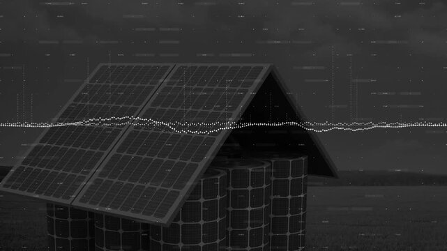 Audio pulse animating dotted waveform over solar shelter, static and showing power data