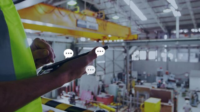 Site supervisor tapping tablet, alert launching chat icons, monitoring gantry crane activity
