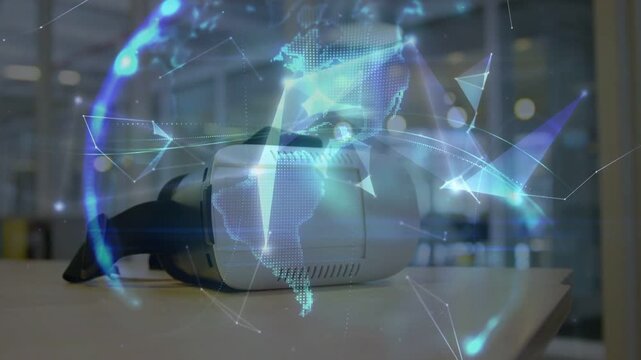 White VR headset resting as particles emerging grouping forming spinning holo globe showing network