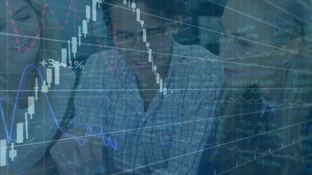 Woman pointing at laptop screen team leaning tracking moving financial charts rising to consensus