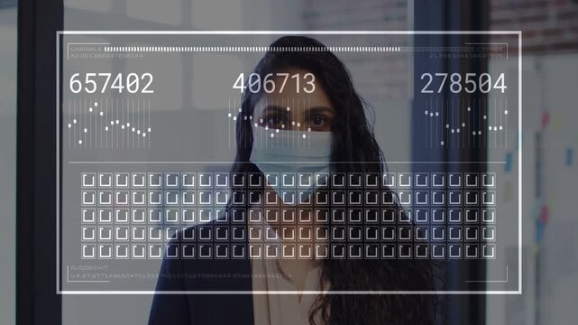 Overlay appearing on head initiating health scan on masked worker while clear HUD updating numbers