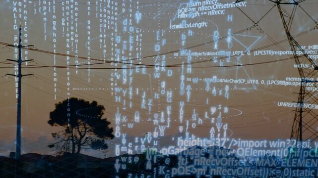 Camera panning revealing pole becoming towers, code overlay growing and mapping energy grid at dusk