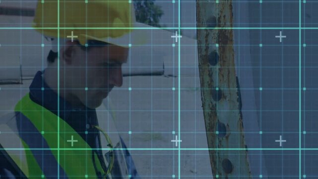 Blue grid revealing site, construction worker checking ladder, tapping tablet, securing ladder