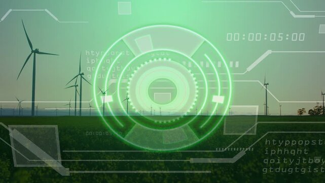 Timecode incrementing, neon HUD overlay pulsing, rotating rings, scrolling data monitoring windfarm