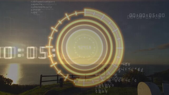 HUD appearing over coastal sunset, transparent, timer counting, code shifting, aiding technology