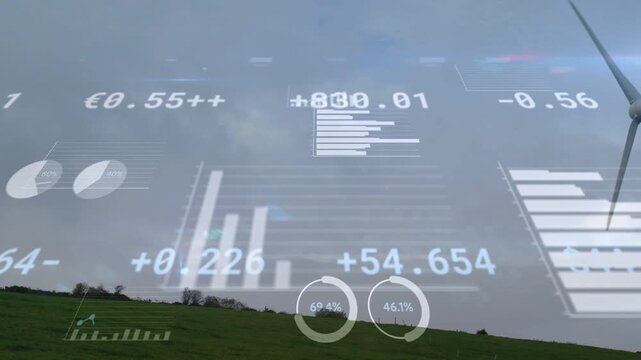 Rotating wind turbine standing on grassy slope at right, with AR graphics and numbers, copy space