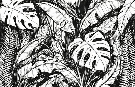 Abstract foliage background. Hand-painted wallpaper featuring tropical leaves, branches, and plants. Botanical jungle illustrations for banners, prints, decor, and fabrics. High quality photo
