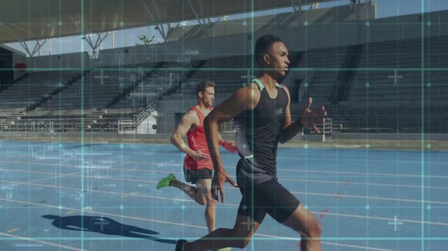 Leader leading on blue track, chaser pushing closing gap at start, HUD tracking data for athletics
