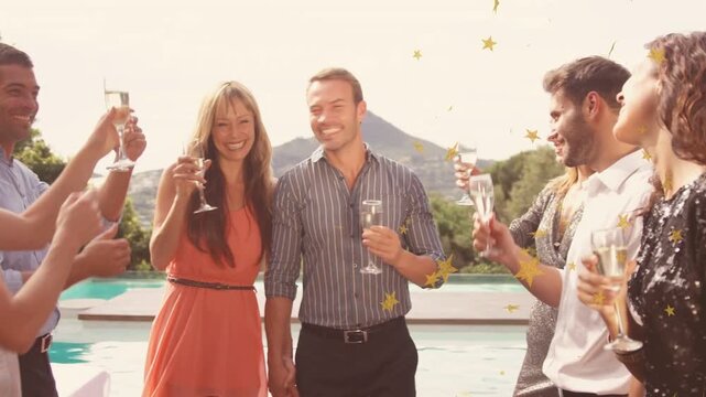 Central couple walking into poolside, guests toasting, animated stars floating over group for event