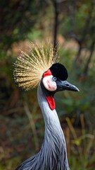 Fototapeta premium A gray crowned crane with a distinctive crest and red markings