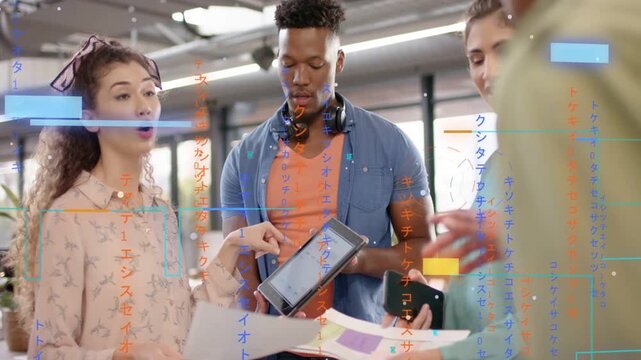 Lead presenting print team rotating tablet comparing swatches animated UI aligning design decision
