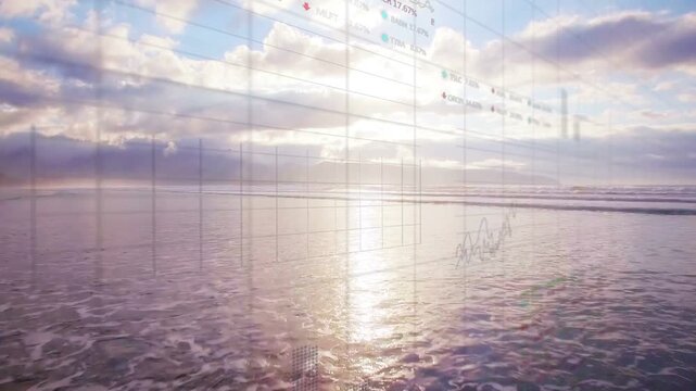 Wet sand and surf showing low sun while data overlays emerging upper right mapping coastal tides