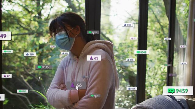 Girl posing by glass, mouse hovering as AR badges showing social stats grouping near her, fading