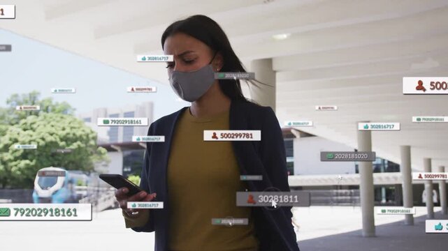 Commuter woman walking transit plaza while checking transit app, data labels growing around phone