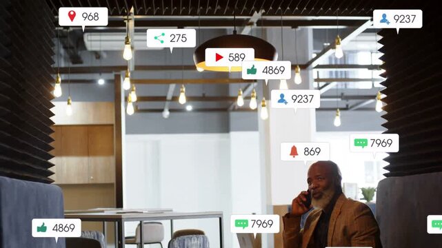 Senior exec on phone using laptop call sparking badges rising, circling exec showing business reach