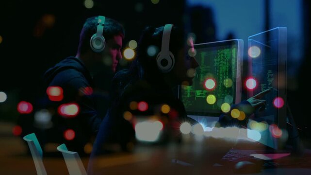 Two male devs spotting bug, pointing at monitors in night lab, debugging code with bokeh overlay