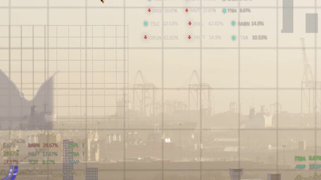 Faint dashboard overlay fading over hazy port skyline, bird crossing causing charts updating data