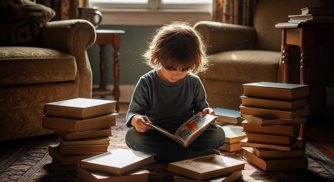 Child reading book indoors