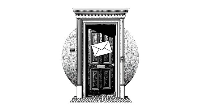 An open door with an envelope, rendered in black and white stippled illustration