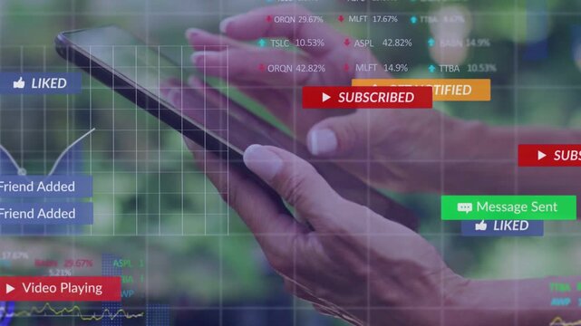 Tapping female hands holding black tablet in garden, revealing grid overlays and subscribe badges