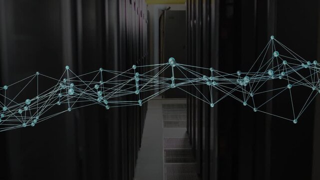 On start network mesh hovering across datacenter aisle, undulating, revealing racks for monitoring