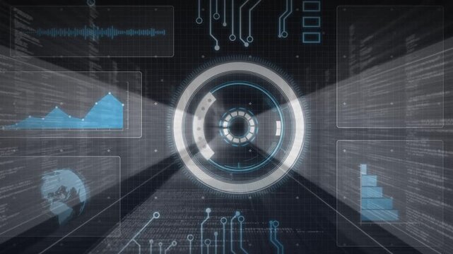Central HUD on scan activation lighting, pulsing and rotating, updating side panels for monitoring