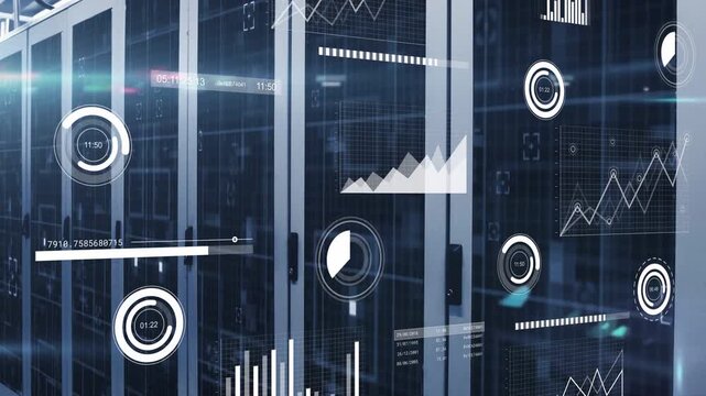 Auto monitoring starting HUD overlays animating over glass server racks, updating system metrics