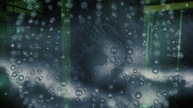 Playback starting, central globe revealing data while faint icons streaming over green beams