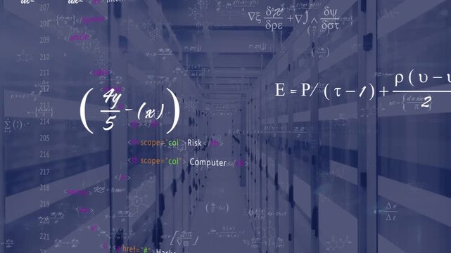 Camera moving forward down rack aisle, layers appearing and growing, showing cyber threats and math